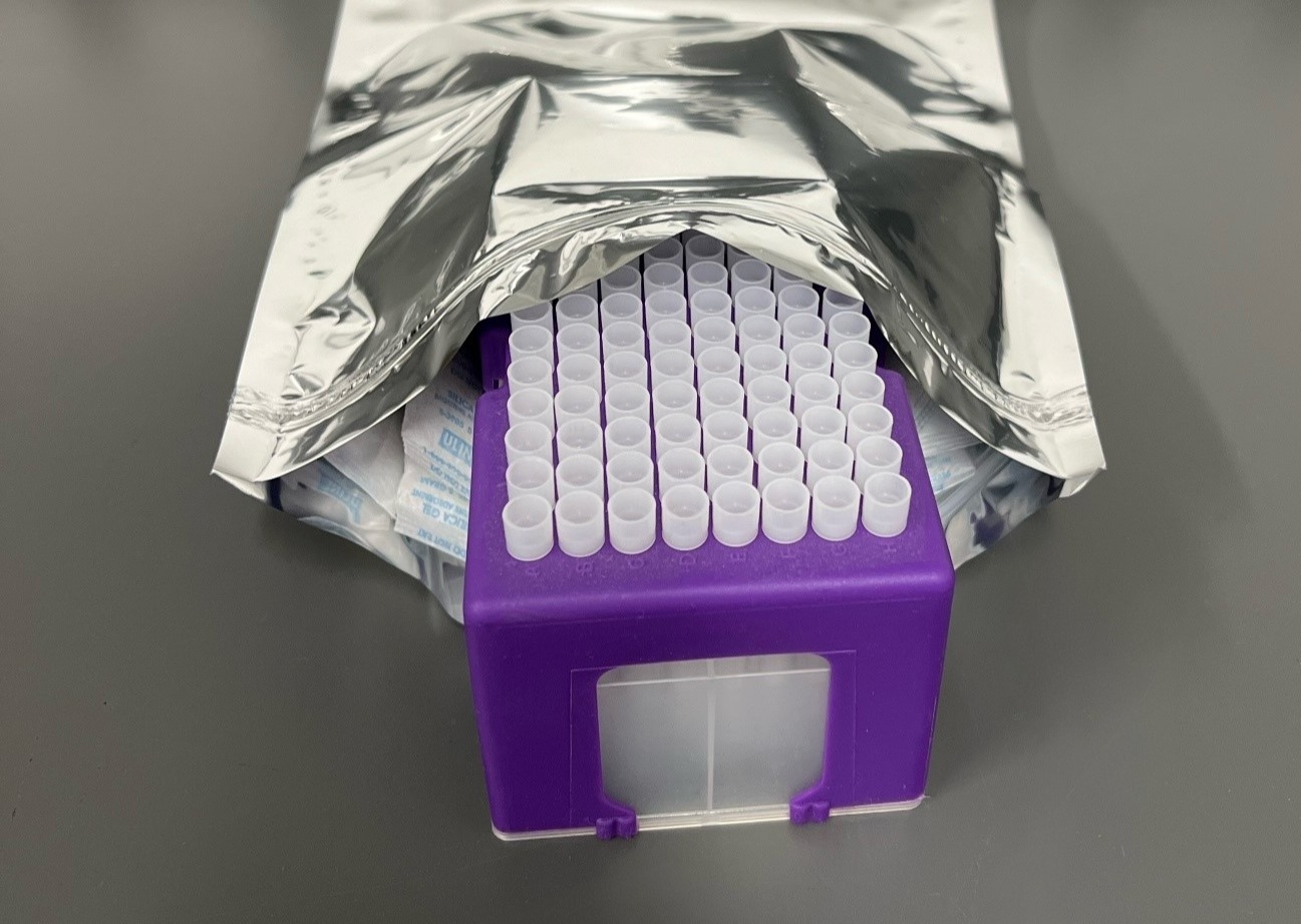 96 dried blood microsamples in an aluminum zip lock container