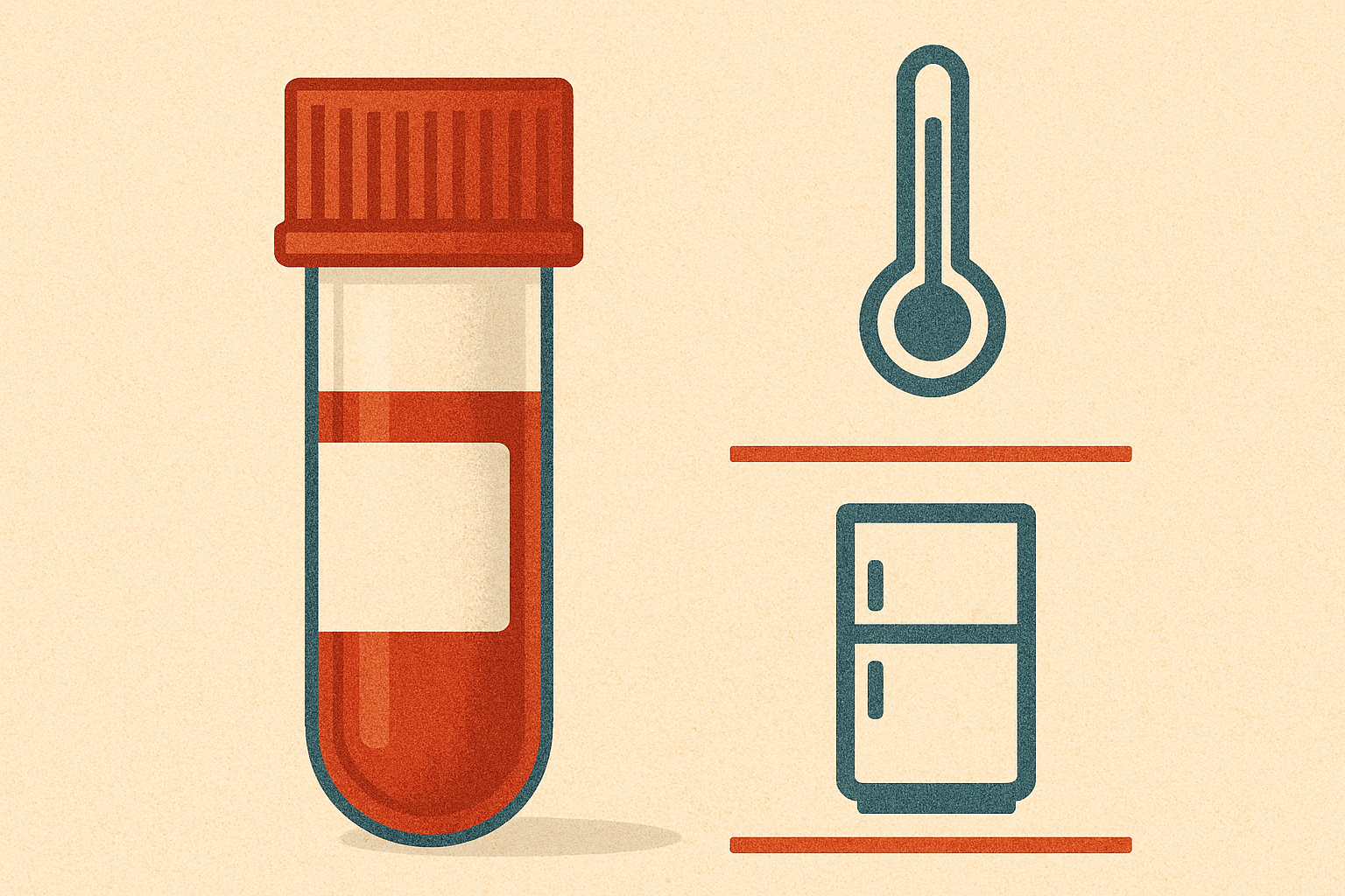 An illustration of a blood vile, a thermostat and refrigerator 