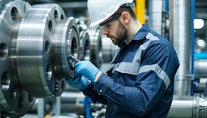 A technician examining industrial equipment, showc