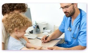 a mother and her child have a talk with a medical doctor in his office