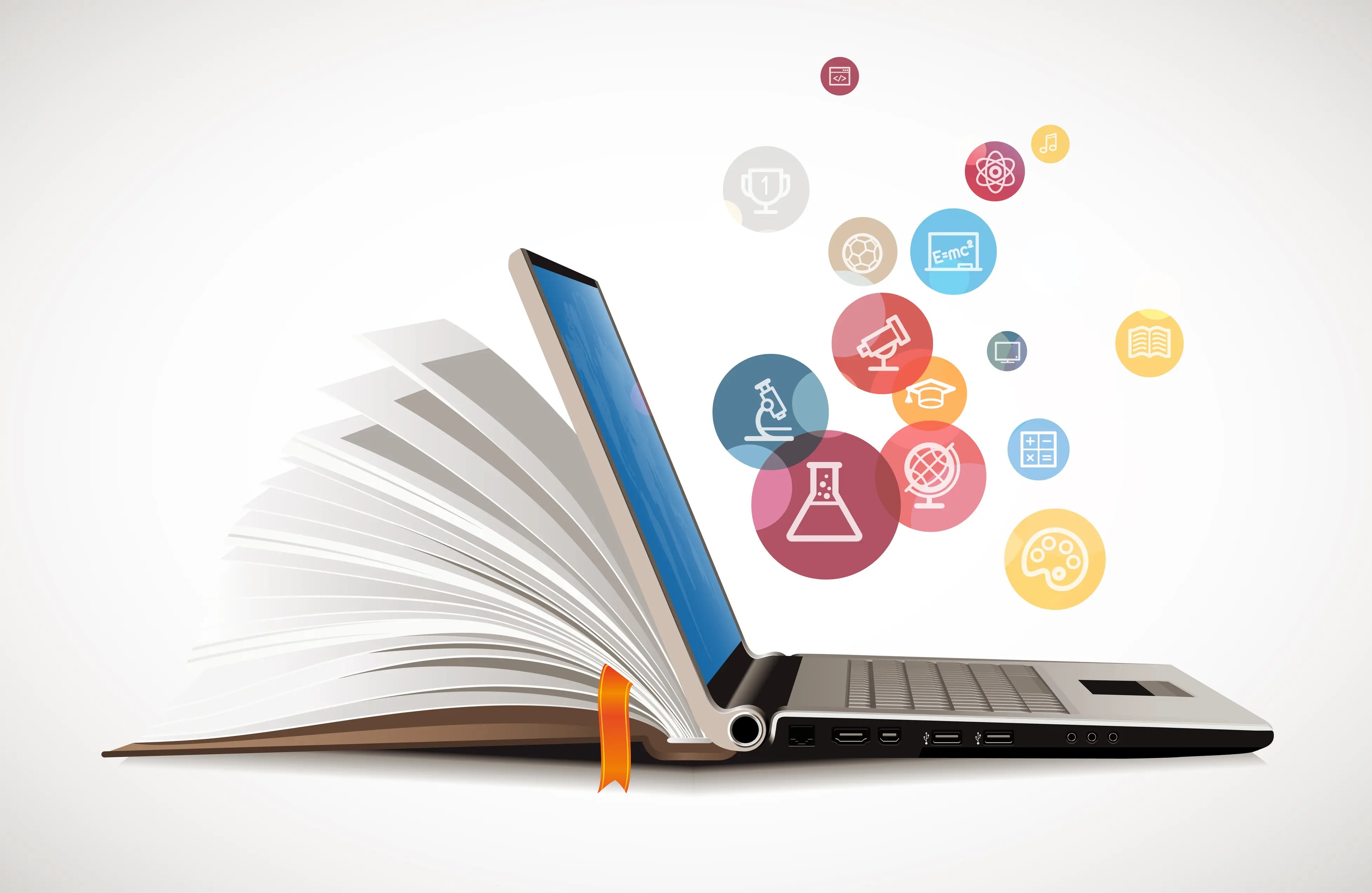 A computer illustration of an open laptop with various scientific icons coming out of the screen