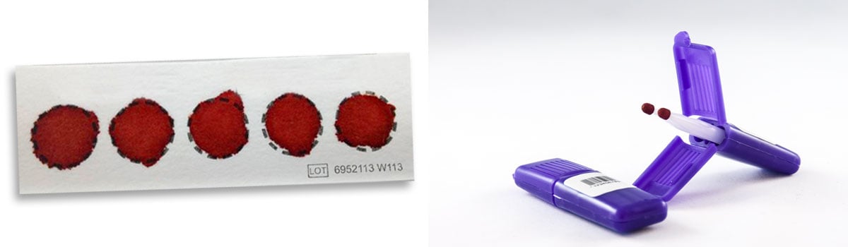 a DBS filter paper card next to the purple Mitra Cartridge blood sampler