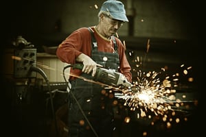 Industrial worker cutting and welding metal with many sharp sparks