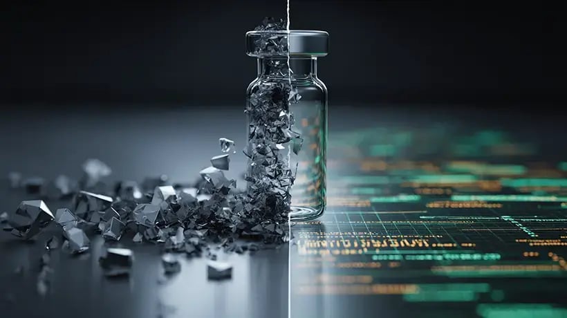 A scientifc vile in cut in half, on one side with see coherent vivid data, and the other side a shamble of broken colorless data.