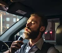 a man in a car is abou to blow into a breathalyzer to test for alcohol