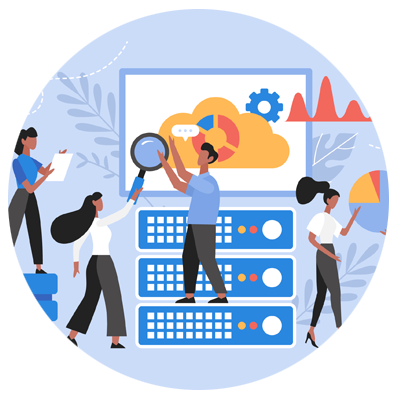 a cartoon illustration of various employees collaborating