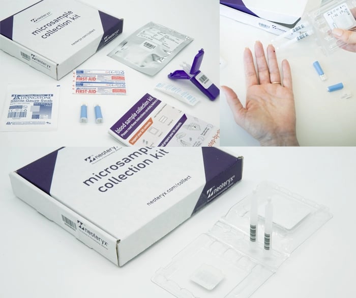 collaged images of the Mitra blood collection kit