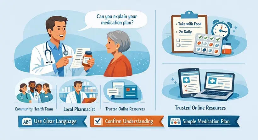 Illustration of a doctor reviewing a medication plan with a patient, with icons for a community health team, a pharmacist, and trusted online resources, plus a simple checklist-style medication schedule.