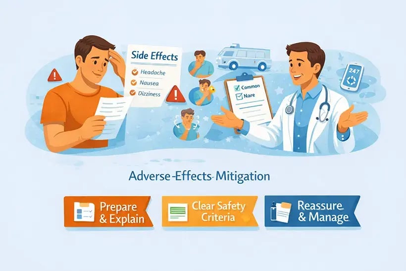 Infographic showing a patient reading a side effects leaflet while a doctor explains what is common vs rare using a checklist, with visual cues for when to seek care and callouts for preparing and explaining side effects, setting clear safety criteria, and reassuring and managing symptoms.