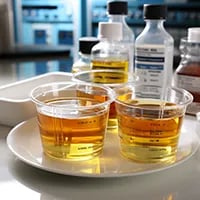 cups of urine are on a plate with a testing facility