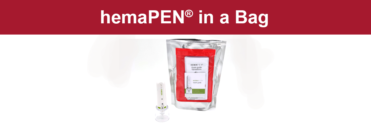 hemapen blood collection device next to its contaiment bag