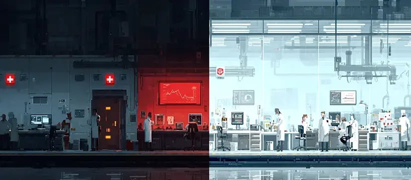 a side by side image of two laboratories one dark and secretive and the other brightly lit. 