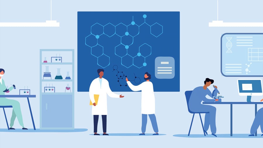 An illustration of scientist in a large laboratory working