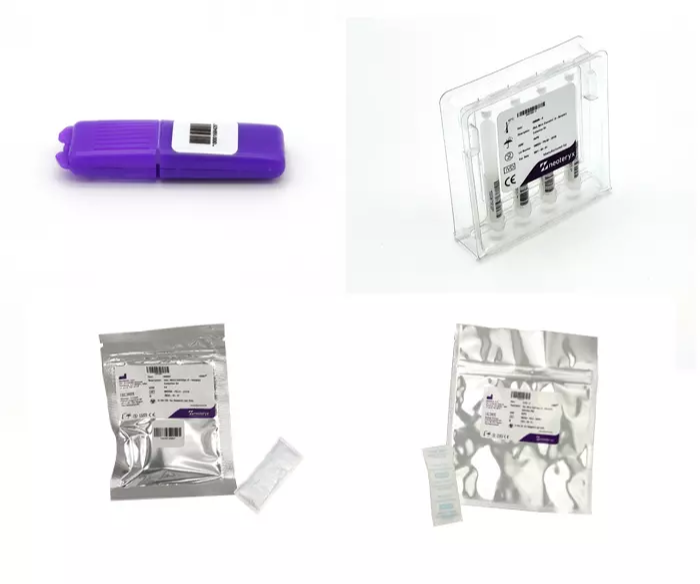Split screen of the Mitra Cartridge and Mitra Clamshell with their specimen bags.