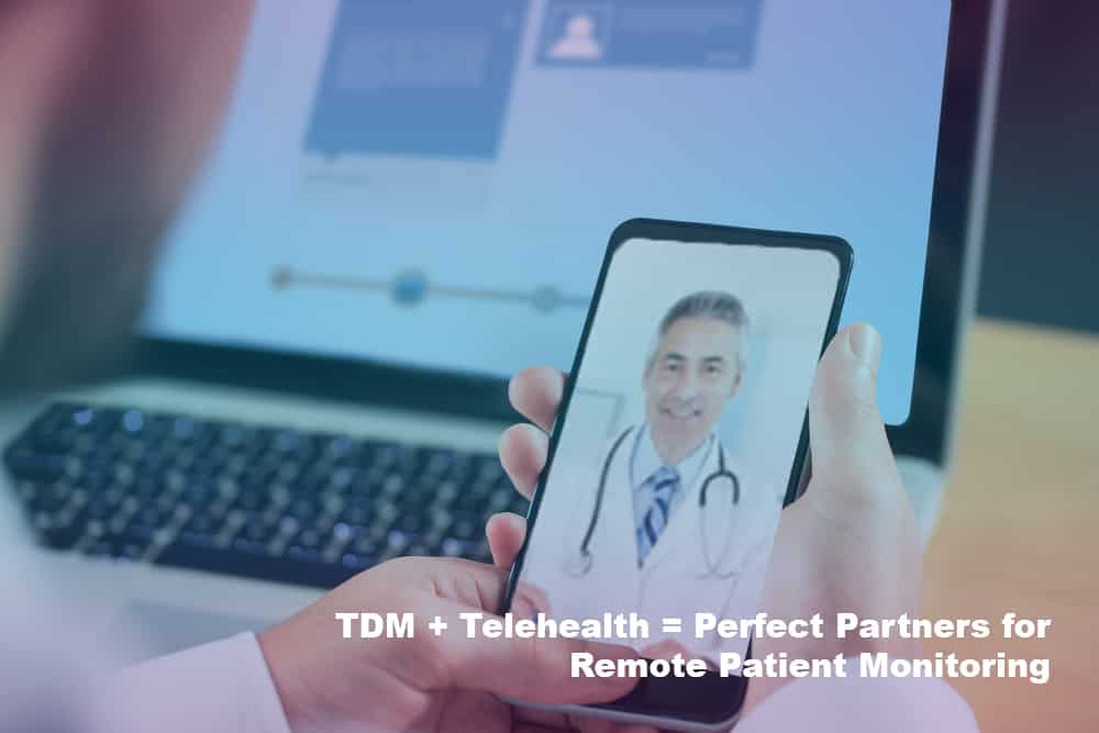 remote therapeatuic monitoring device held by doctor in front of screen blue purple gradient with doctor on phone