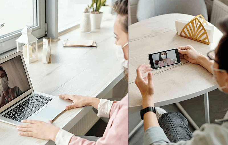 a man and communicate remotely via their laptops