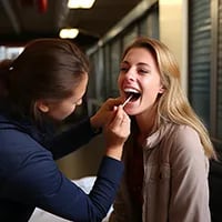 a young women opens her mouth as a sawb is inserted into her mouth to take a saliva sample