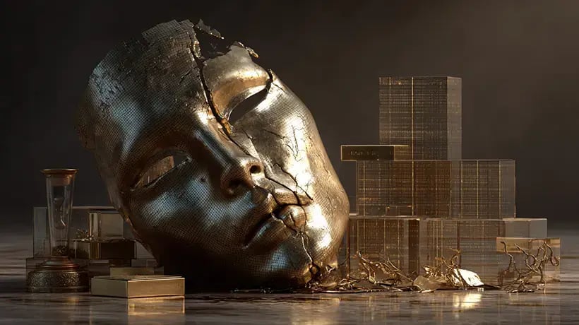 A sculpted but broken face is surrounded broken artifacts