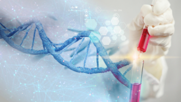 an illustration of a lab technician holding a blood vile next to a DNA strand