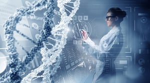 A photo collage of a scientist in a futuristic lab with large DNA strands over imposed on the image