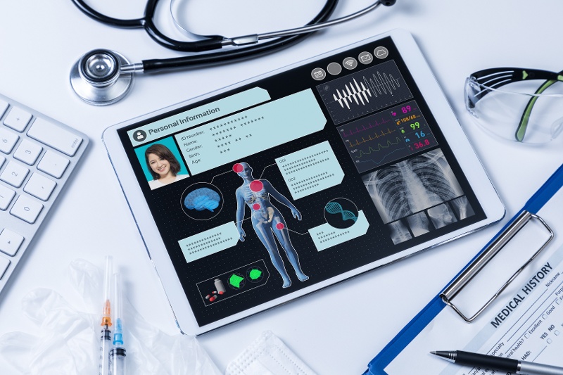 a computer tablet with a displaying a variety of health and specific medical history of a female patient