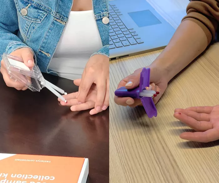 Split screen image of two individuals collecting their own micro blood samples
