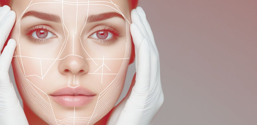 A women's face with a series of implied, over imposed lines tracing areas around her face
