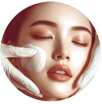 A pair of gloved hands apply a white lotion on a woman's cheek