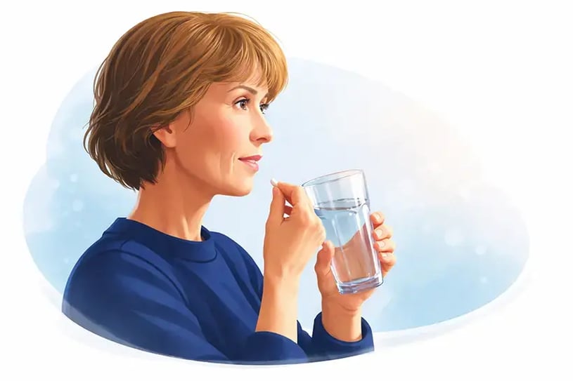 adult women is about to take medication, with a glass of water.