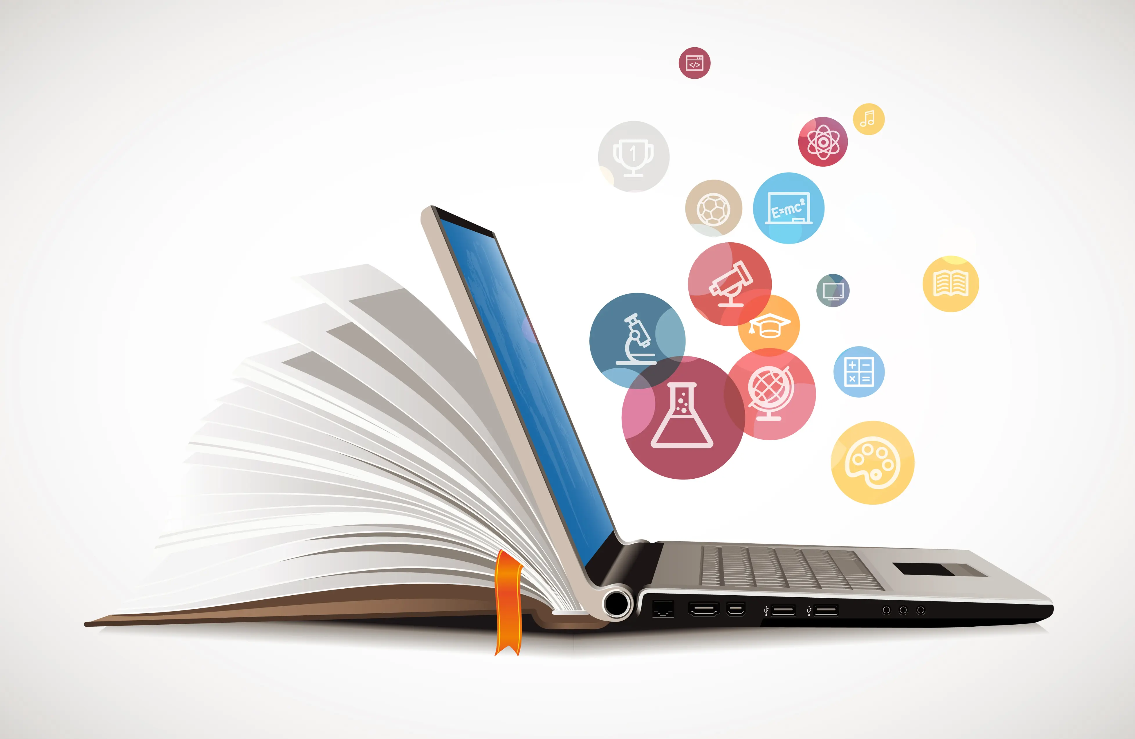 A computer illustration of an open laptop with various scientific icons coming out of the screen