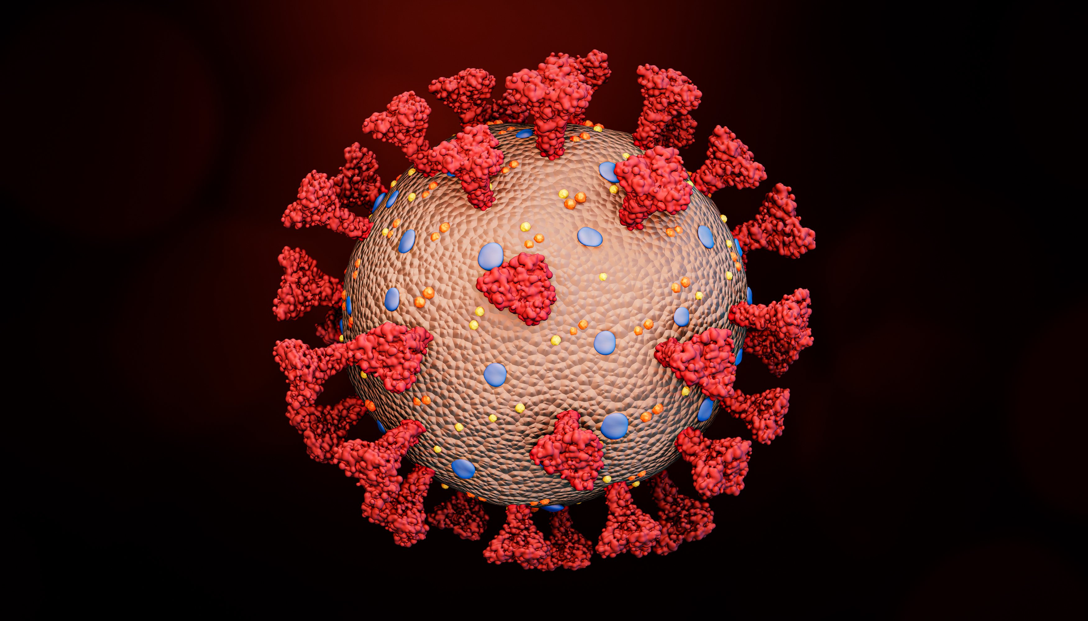 Rendering of COVID-19 or a flu virus structure with spikes glycoprotein, M proteins, E proteins, hemagglutinin and membrane.