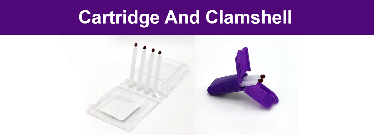 The VAMS cartridge clamshell blood collection devices next to each other in white space. The words Cartridge and Clamshell appear over head.