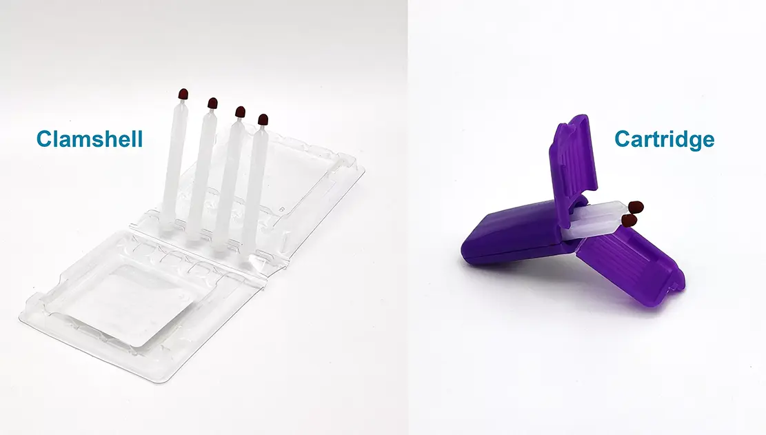 The Mitra Clamshell next to the Purple Mitra Cartridge Microsampler