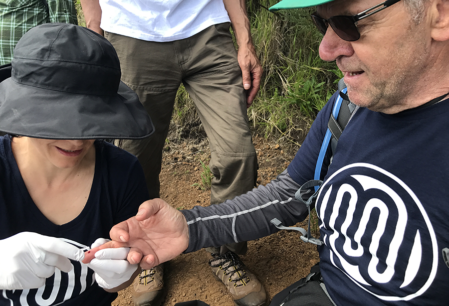 a researcher take a blood drop from an elderly man finger in an outdoor remote setting